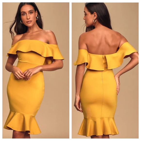 Lulus Confidence Boost Mustard Yellow Off-the-Shoulder Bodycon Dress Size S NWT - Picture 2 of 14